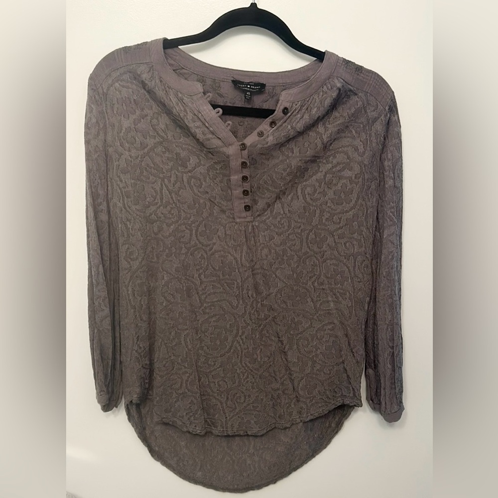 Lucky Brand Grey paisley knit high low boho embroidered long sleeve tunic top